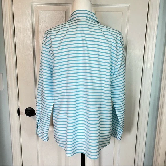 CHICO’S NWOT Women’s No Iron™ Stretch Stripe Shirt Pastel Blue Teal White Large - Picture 4 of 11